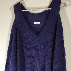 Nygard Sweater Slouchy Oversized Blue Heather Tweed Cold Shoulder V-neck Size S